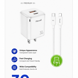 KIT PREMIUM CARGADOR DE 30W PARA IPHONE CON CABLE C-LIGHTNING (VQ-T16)